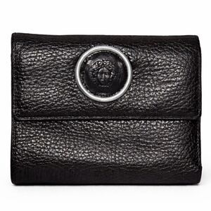 Vintage Gianni Versace Medusa Black Pebbled Leather Trifold Billfold Wallet